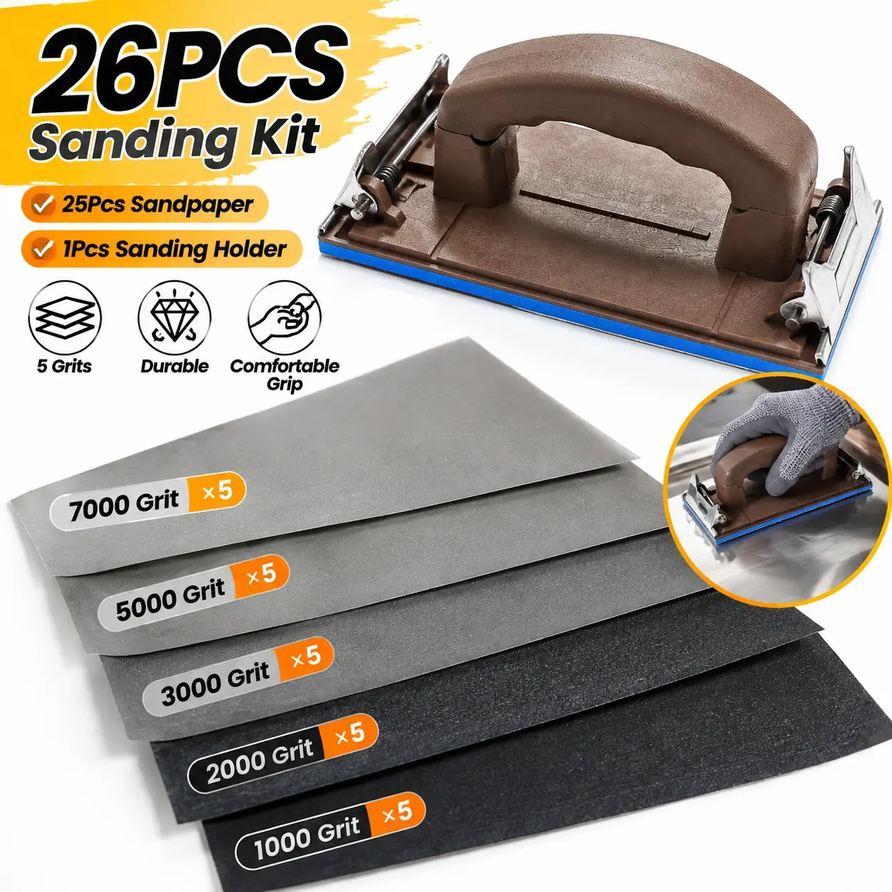26-Piece Mixed Grit Sandpaper Set, Wet/dry Use, for Wood, Metal, Car Polishing, Compatible with Hand Sander, 9x3.6 Inches