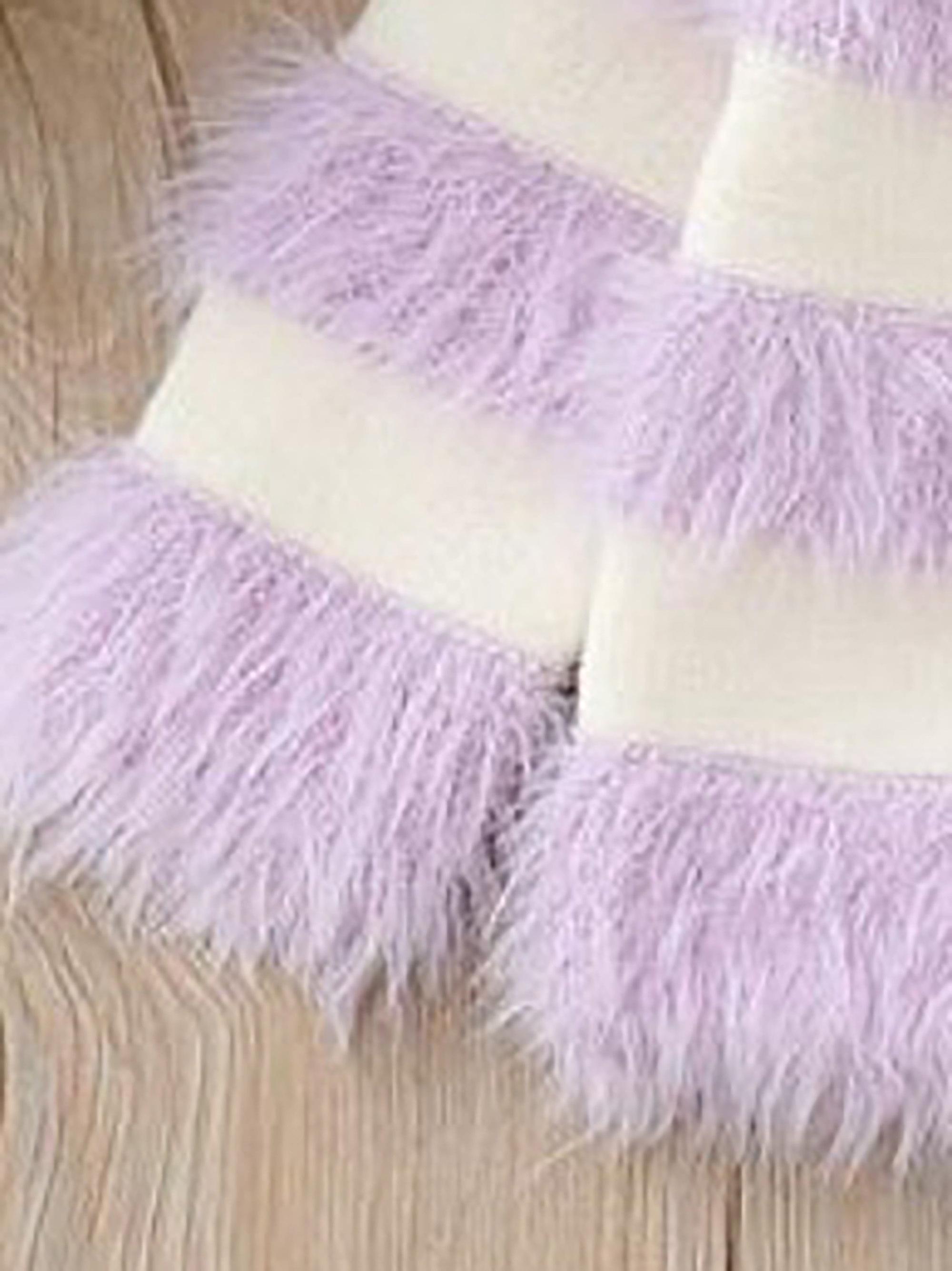 Girls' ted Knit Sweater with Plush Stripes & Pearl Buttons - Soft Pastel Purple & Contrast, Cozy Lapel Collar, Loose Fit Winter Warmth, Cute Casual Daily Wear for Fall/Winter, Easy Button-Front Closure (No Zippers) - Ideal for School & Playdates - D