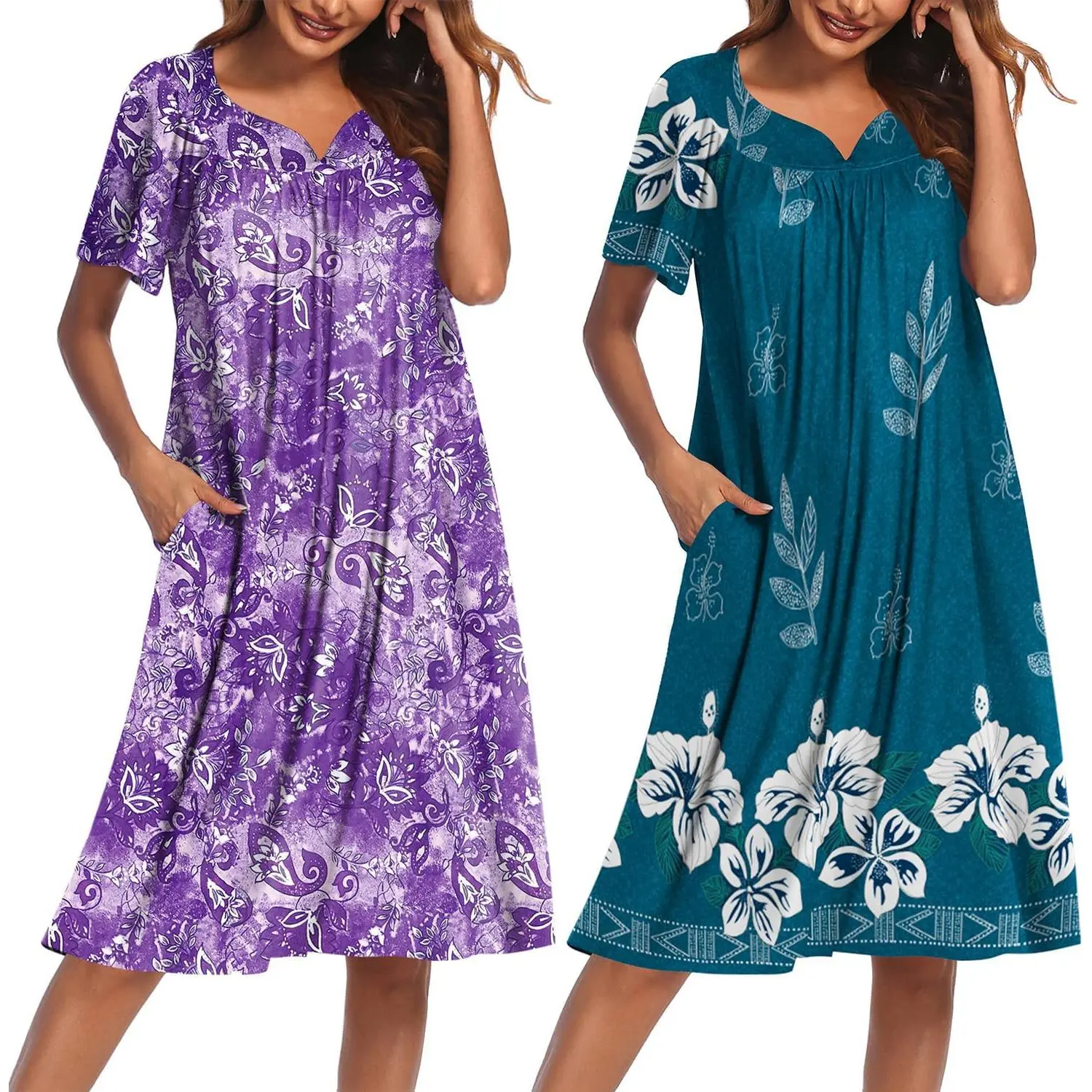 2 Pack House Dresses for Women with Pockets Short Sleeve Moo Moos Floral Print Mumu Dresses