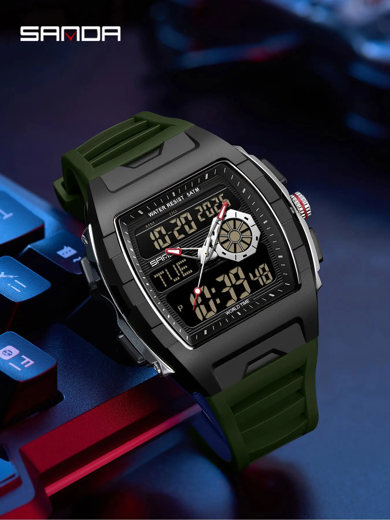 SANDA 3397 Men's Electronic Watch Multifunction Alarm Clock Calendar Luminous Waterproof Shockproof, Men's Sportive Analog-digital Watch, Quartz Wristwatch, with Box and Handline
