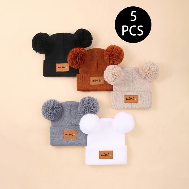 NewNew5 Pack Baby Winter Warm Knit Hats with Pom Poms - Unisex Toddler Beanies, Acrylic, Alphabet Pattern, Hand Wash, Stretch Fit for Infants 0-3 Years, Lightweight for Fall/Winter & Birthday Occasions
