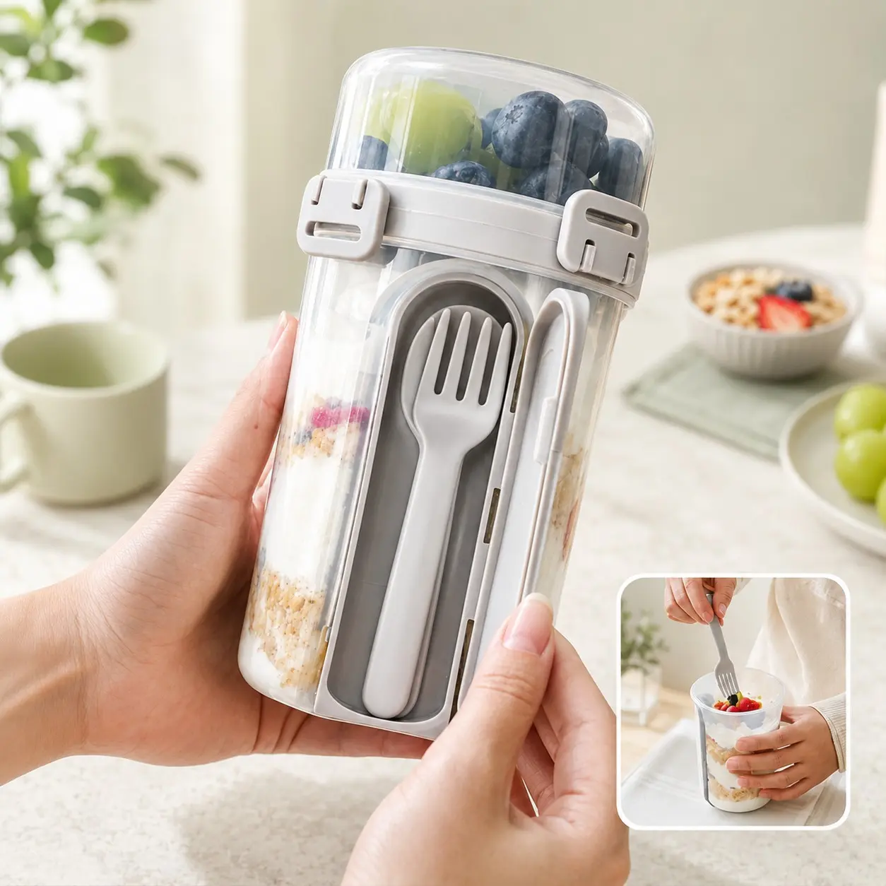 Leakproof Double-Layer Salad Cup with Fork & Spoon, Portable Lunch Container with Cleaning Sponge for Yogurt, Fruit, Snacks, Work, School & Travel