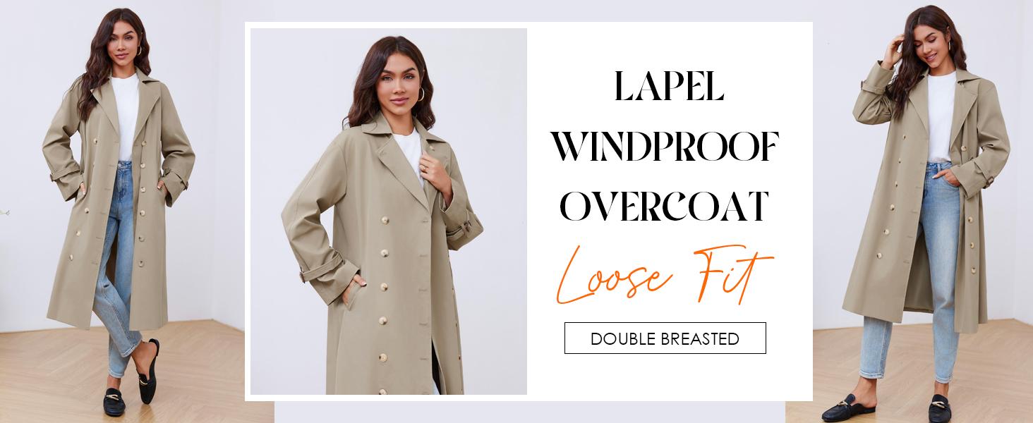 Womens Long Trench Coat Oversized Double Breasted Windproof Classic Lapel Casual Fall Overcoat Tops Womenswear