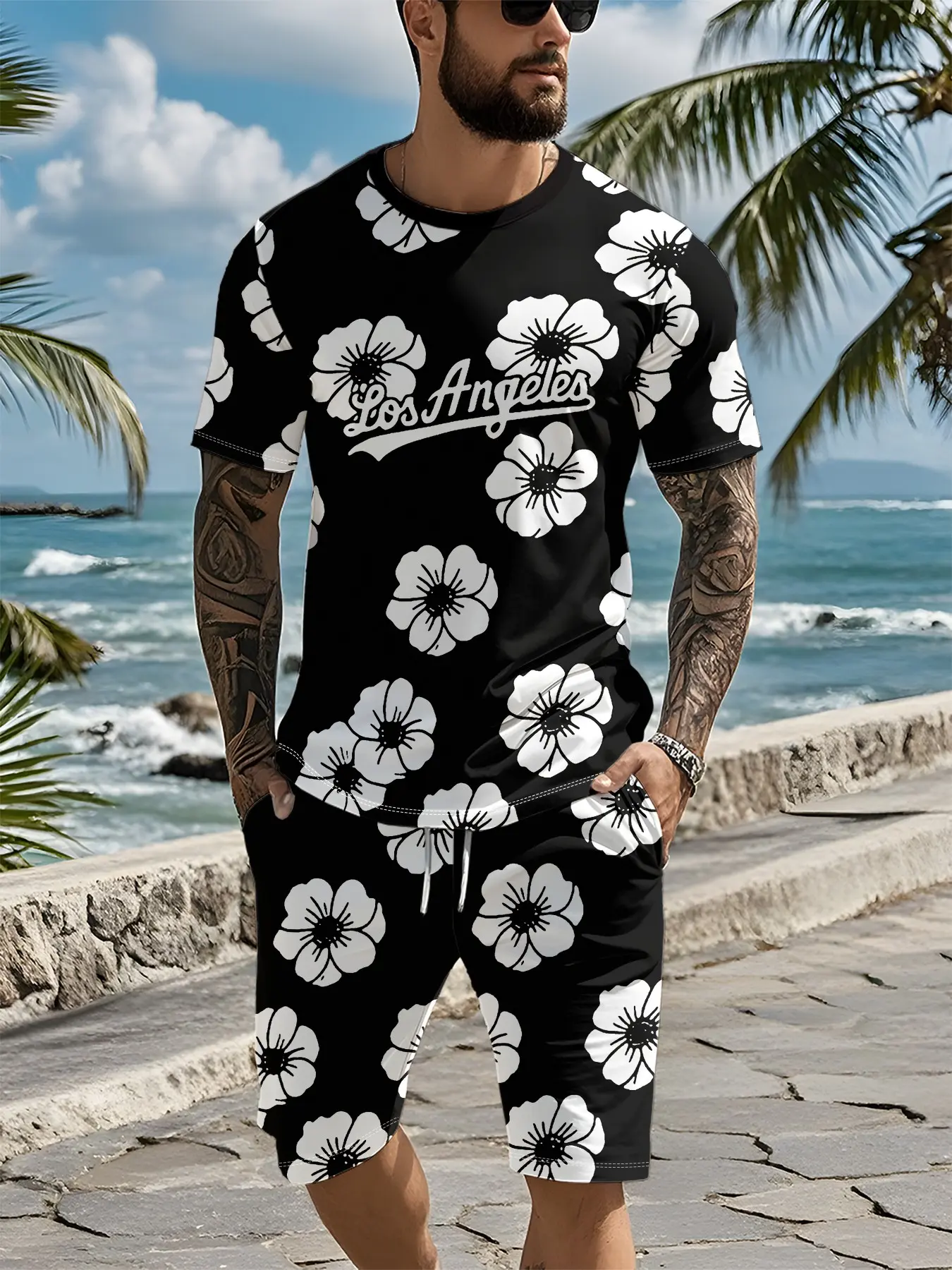 Base Camellia Print Retro Casual 3D DiTwo-piece set with 3D digital print featuring white camellia all-over pattern on black background, 2Pcs, trendy fashion suit, trendy vingital Print Set, 2pcs Fashion Suit, Breathable Sporty Style, Perfect Gift for Men