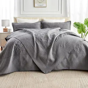 Oversized Floral Quilt Set - King (128x120 in) & California King Bedspread, Ultrasonic Quilting Soft Microfiber Lightweight Extra Large Bedding with 2 Pillow Shams, Dark Grey