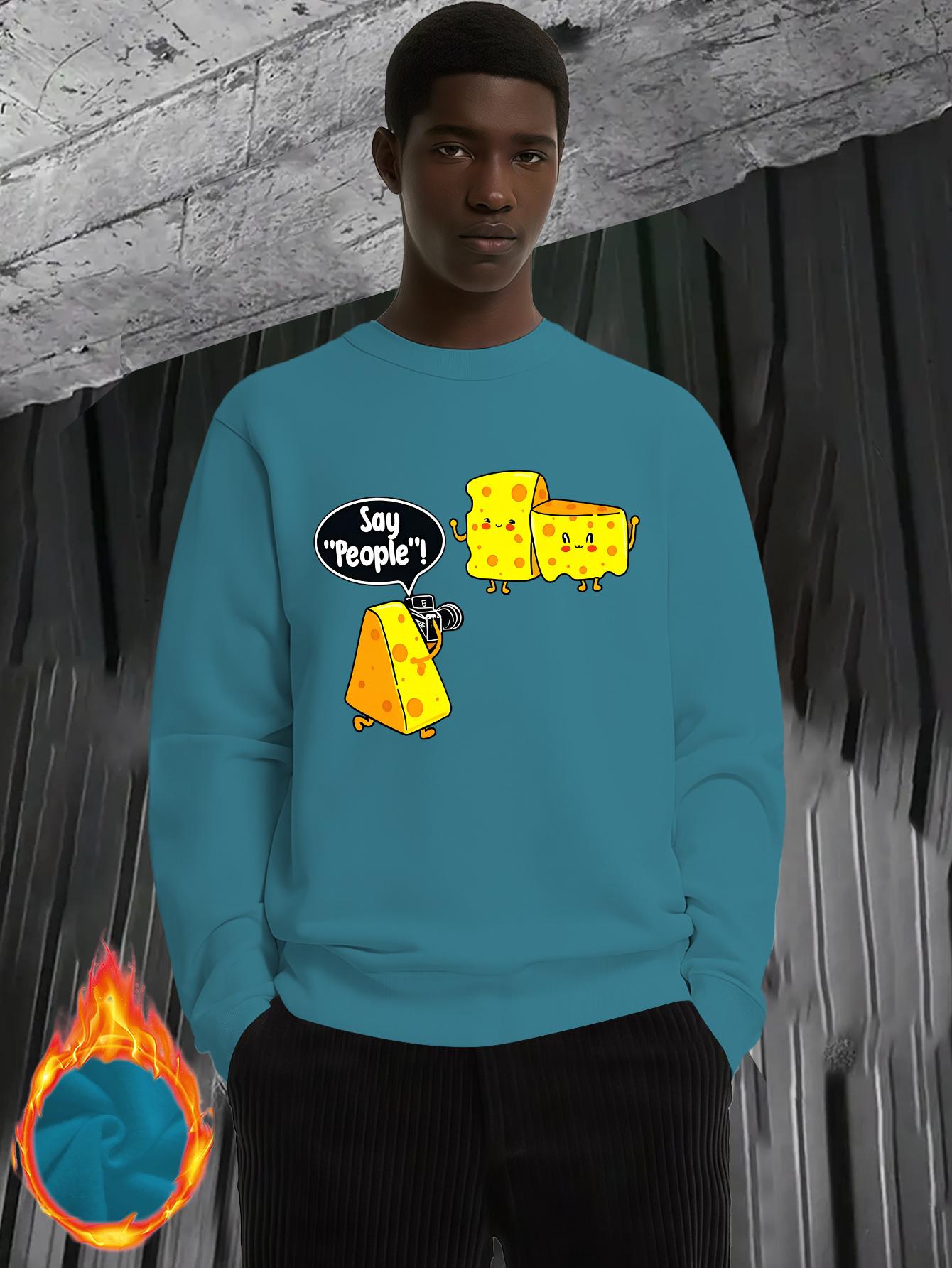Men'S Funny Cheese & Cheese Slice Graphic Sweater - Oversized Round Neck Long Sleeve Thickened Winter Warmth, Loose Fit Casual Pullover with Cheese Slice & Cheese, Cheese Print - Comfortable Everyday Essential For Men, Cheese Sweater