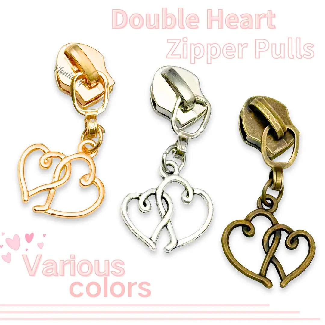 5Pcs Double Heart Zipper Pulls, Heart-shaped Zipper Pulls, Hollow-out Heart Design, #5 Nylon Zipper Pulls, DIY Sewing Accessories, Suitable for Suitcases, Wallets, Bags, Garments and Shoes