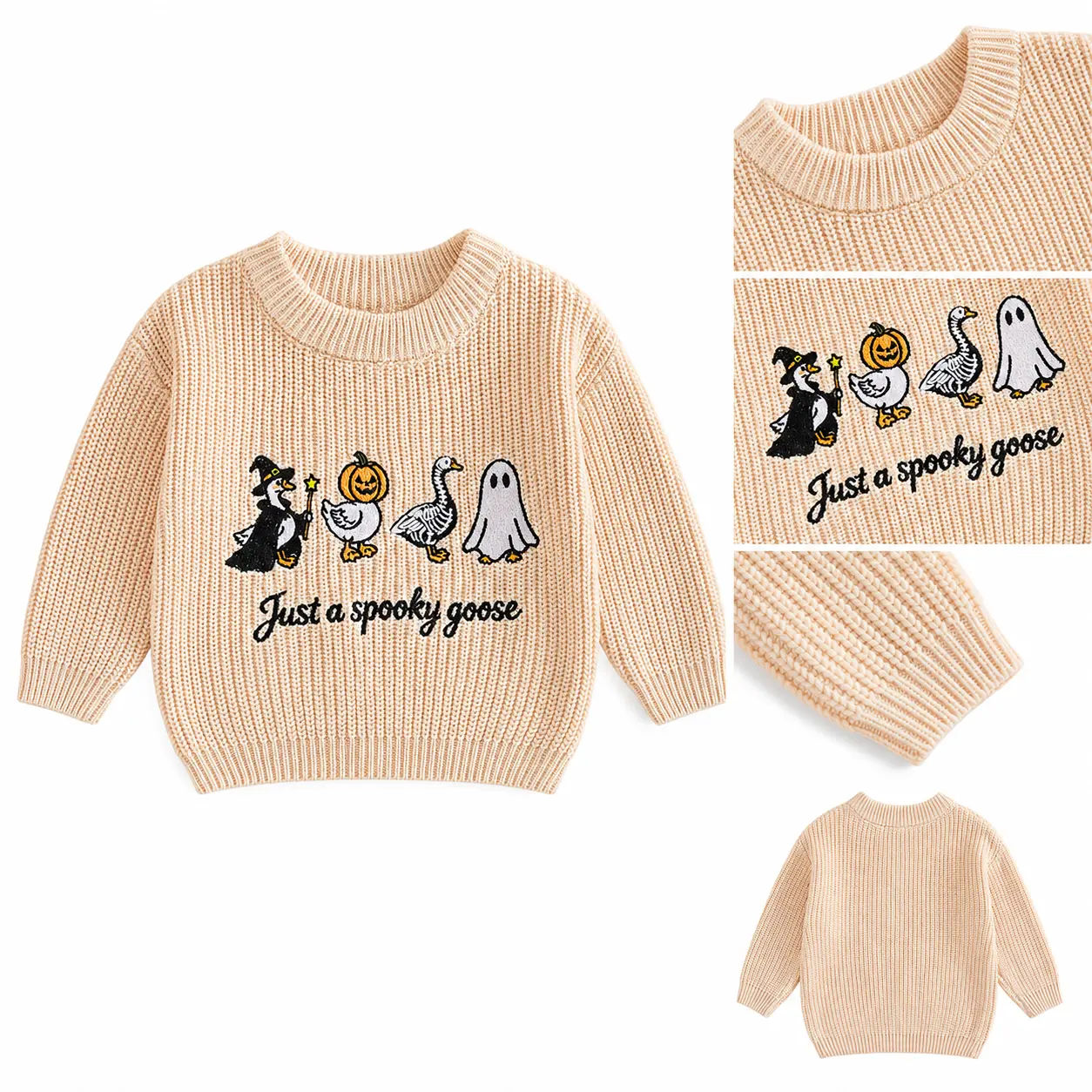 Unisex Toddler Baby Halloween Knit Sweater Ribbed Chunky Knit 0-5T Just A Spooky Goose Ghost Pumpkin Embroidery Long Sleeve Fall Kids Pullover Top