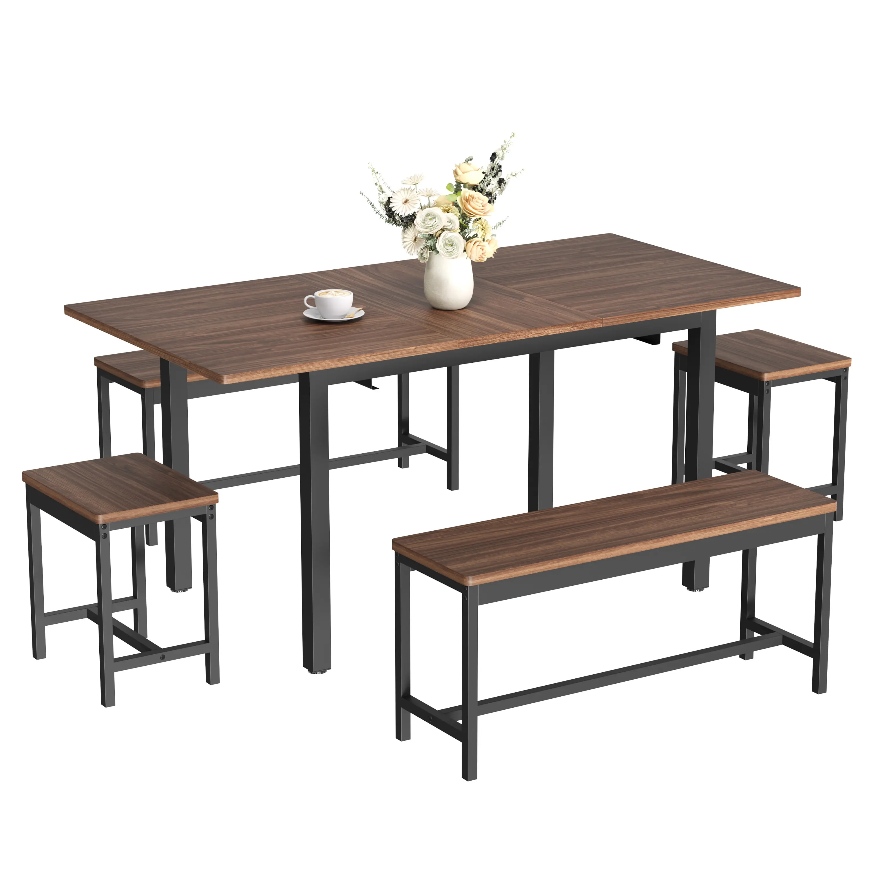 Space-Saving 5-Piece Extendable Dining Table Set – Modern Kitchen & Dining Room Furniture with Large 63" MDF Top, 2 Benches & 2 Stools, Sturdy Black Metal Frame, Easy Assembly