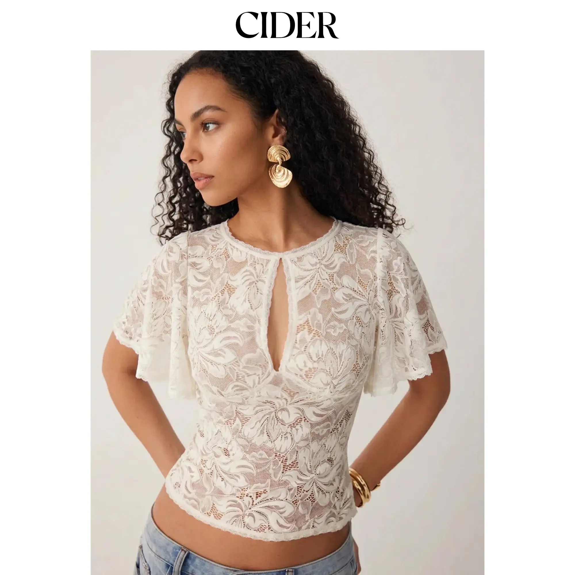 Cider Lace Floral  Bell Sleeve Cut Out Top