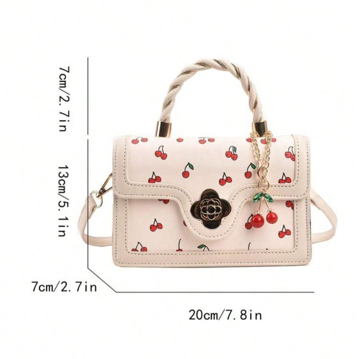 Fashionable High-End Pu Handbag Crossbodybag for Woman, Tote Bag With Versatile Square Shape Cute Cherry Print Shoulderbag, Perfect For Shopping, Dating Or CrossBody For Girls Send Scarf.