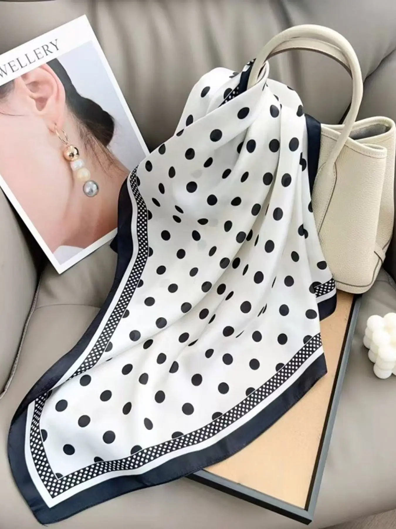 Classic Coffee Polka Dot Satin Scarf, Elegant Loose-Fitting Silk Scarf, All Seasons Accessory, All over Print Design, Decorative Scarf