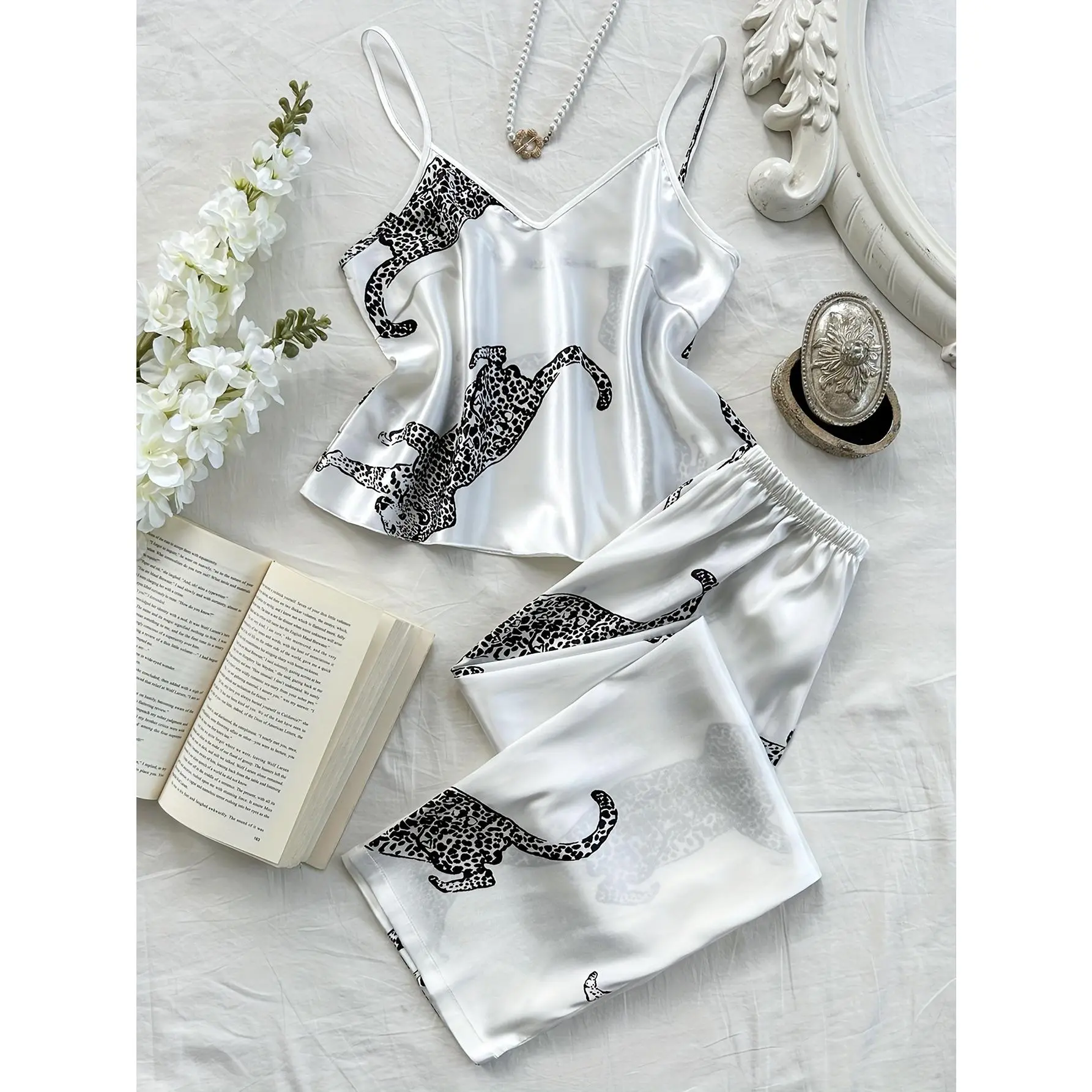 Women's 2-Piece Leopard Print Lingerie Pajama Set - V-Neck Camisole & Long Pants, Soft Skin-Friendly Fabric, Snug Comfortable Home Wear