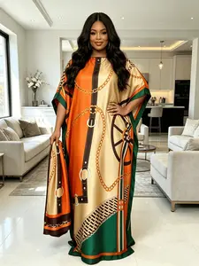 Plus Size Women's Orange Beige Chain Wheel Print Maxi Kaftan Dress with Matching Headscarf 2 Piece Set, Lightweight Breathable Loose Batwing Beach Cover Up, Loungewear Nightgown Pajama for Resort Pool Home Sleepwear