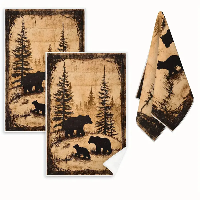 2-pack, modern polar bear and pine tree pattern dish towels, vintage black bear mother and baby kitchen towels, suitable for kitchen and bathroom, forest animal print, rustic log cabin style, housewarming, Halloween, Christmas, a great holiday gift choice