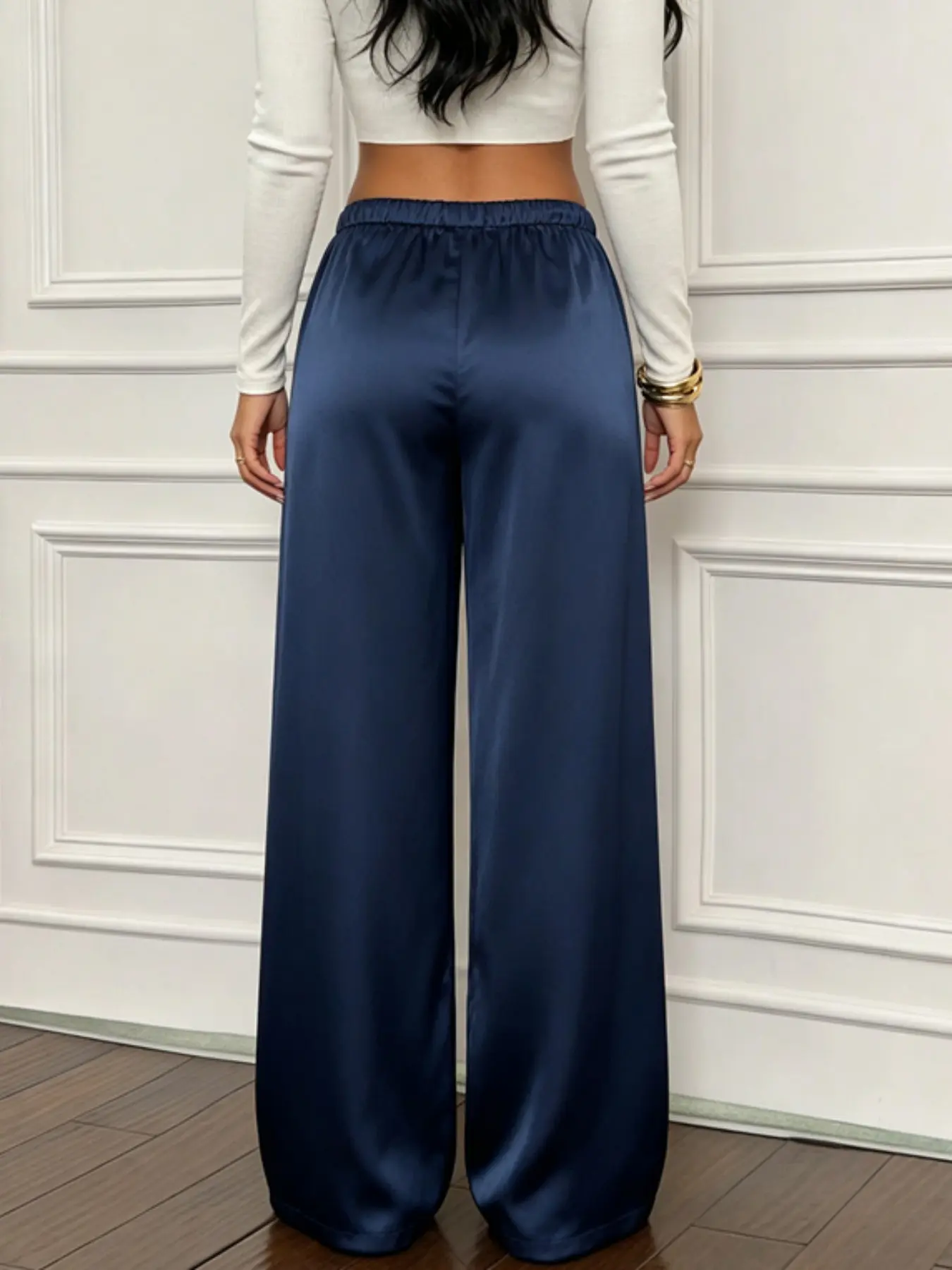 High-Waisted Drawstring Wide Leg Pants, Matte Satin Flowy Trousers, Casual Everyday Style, Luxury Look, European and American Fashion