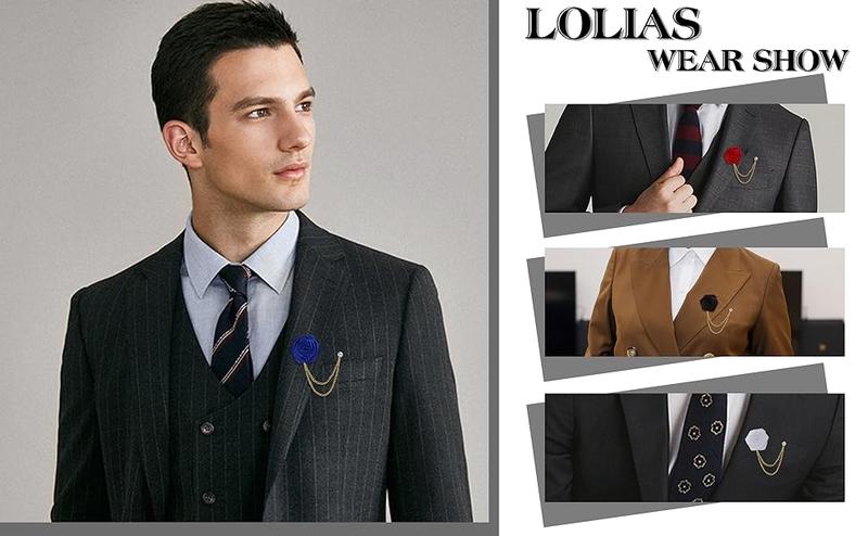 LOLIAS 4PCS Brooch Lapel Pin for Men with Hanging Chain,Brooch Suit Stud,Handmade Rose Flower Pins for Groom Wedding Prom Tassel Chain Brooch Pins Men's Suit Accessories