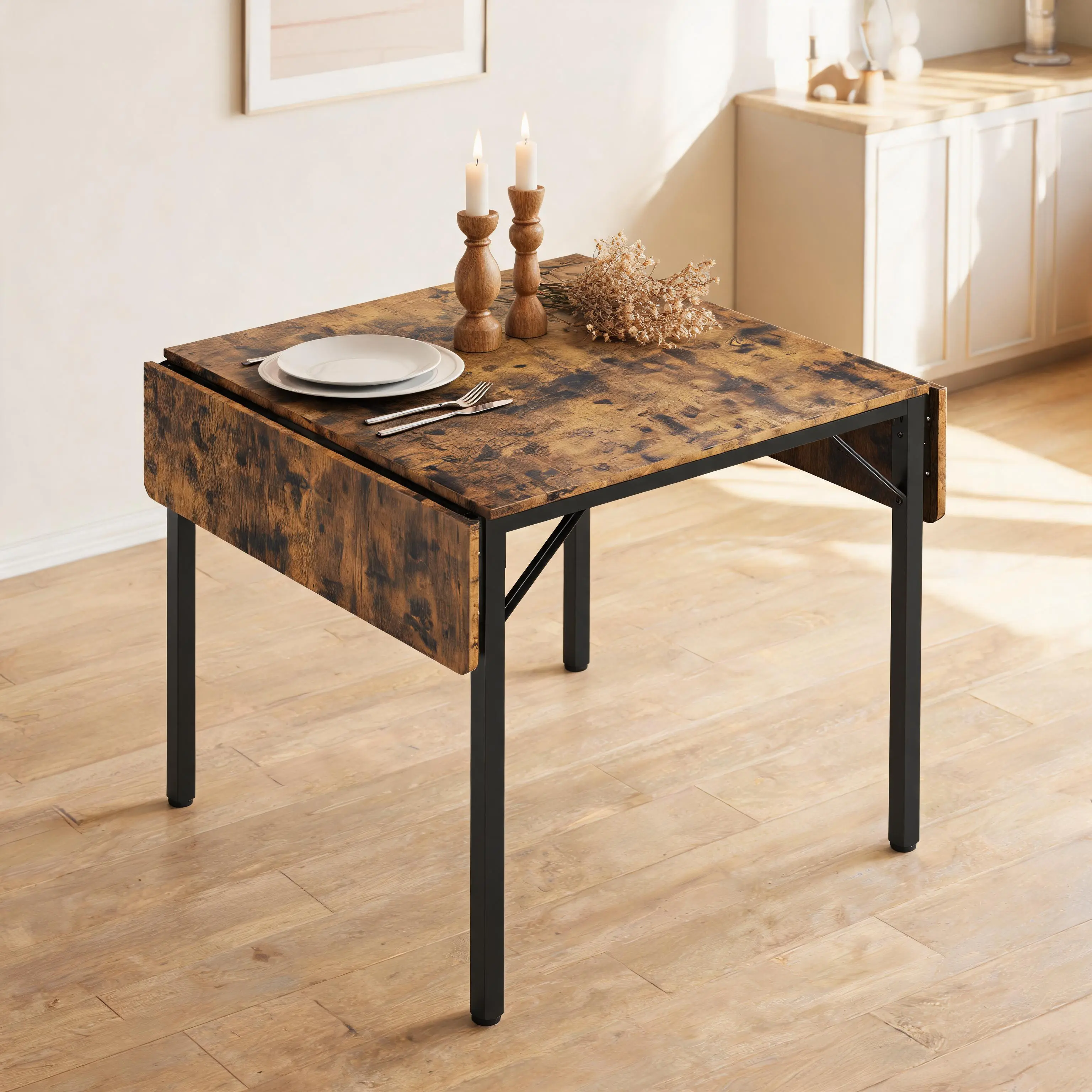 Drop Leaf Extendable Folding Dining Table - Sturdy Metal Frame, Easy Setup, Space Saving Furniture for Small Spaces, Apartment Dining Room Outdoor Use