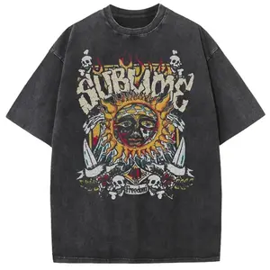 Men's Vintage Sun Print Acid-Wash Oversized T-Shirt - Heavyweight Cotton, Ribbed, Seamless Garment, Casual Graphic Tshirt for Women
