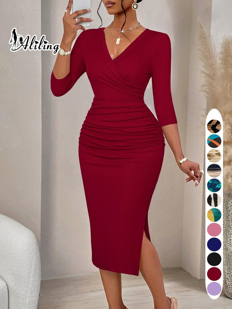 Aliling Women's Dress Valentine's Day Women's Clothing Summer Thin Elegant Midi V-Neck Half Sleeve Geometric Print Ruched Slim-Fitting Dress