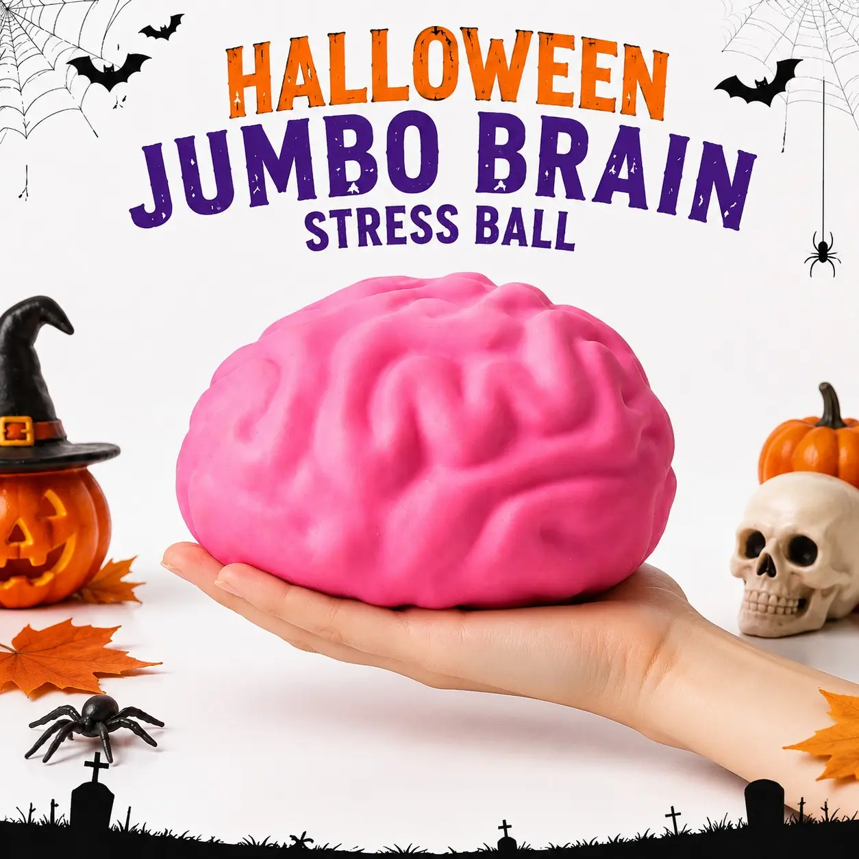 Jumbo Halloween Brain Squeeze Toy, Large Slow-Return Stress Relief Toy, Soft Silicone Ball, Kids & Adults, Party Gift