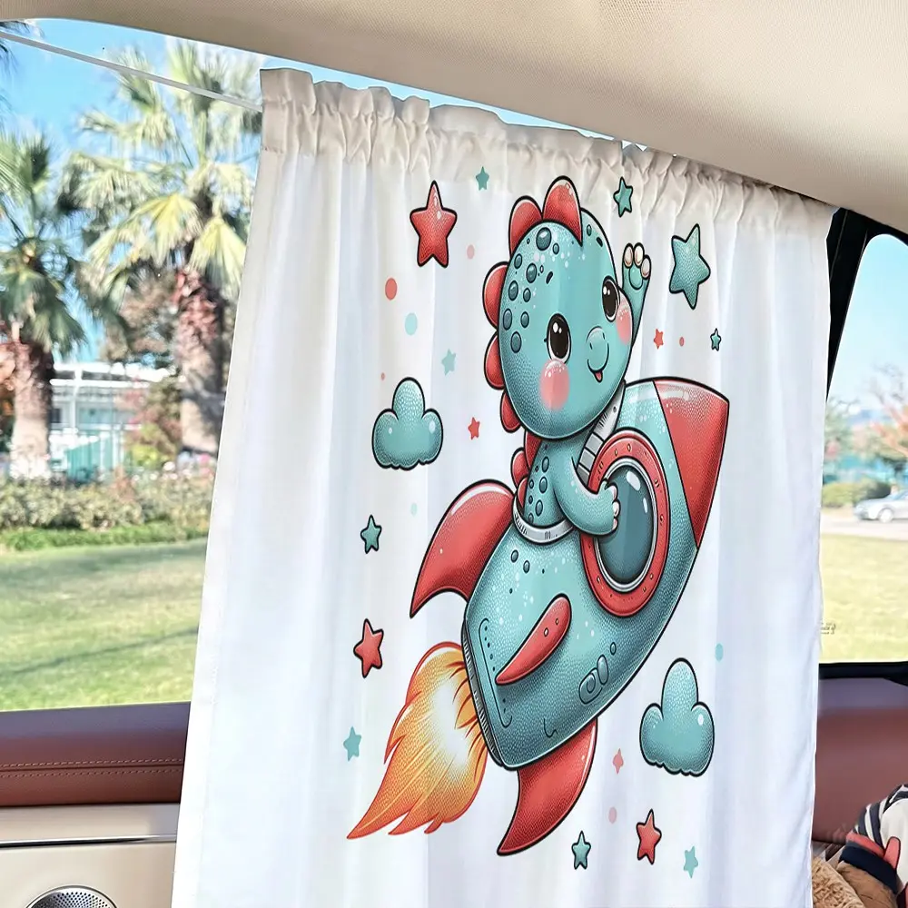 1pc 2D Flat Car Sunshade, Cartoon Dinosaur Rocket Print Adjustable Car Sunshade, Suction Cup Side Curtain, Sun Shade For Car Window, Summer UV Protection, Easy Install