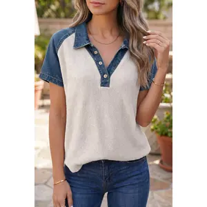 White Textured Color Block Denim Patchwork Polo Collar Tee
