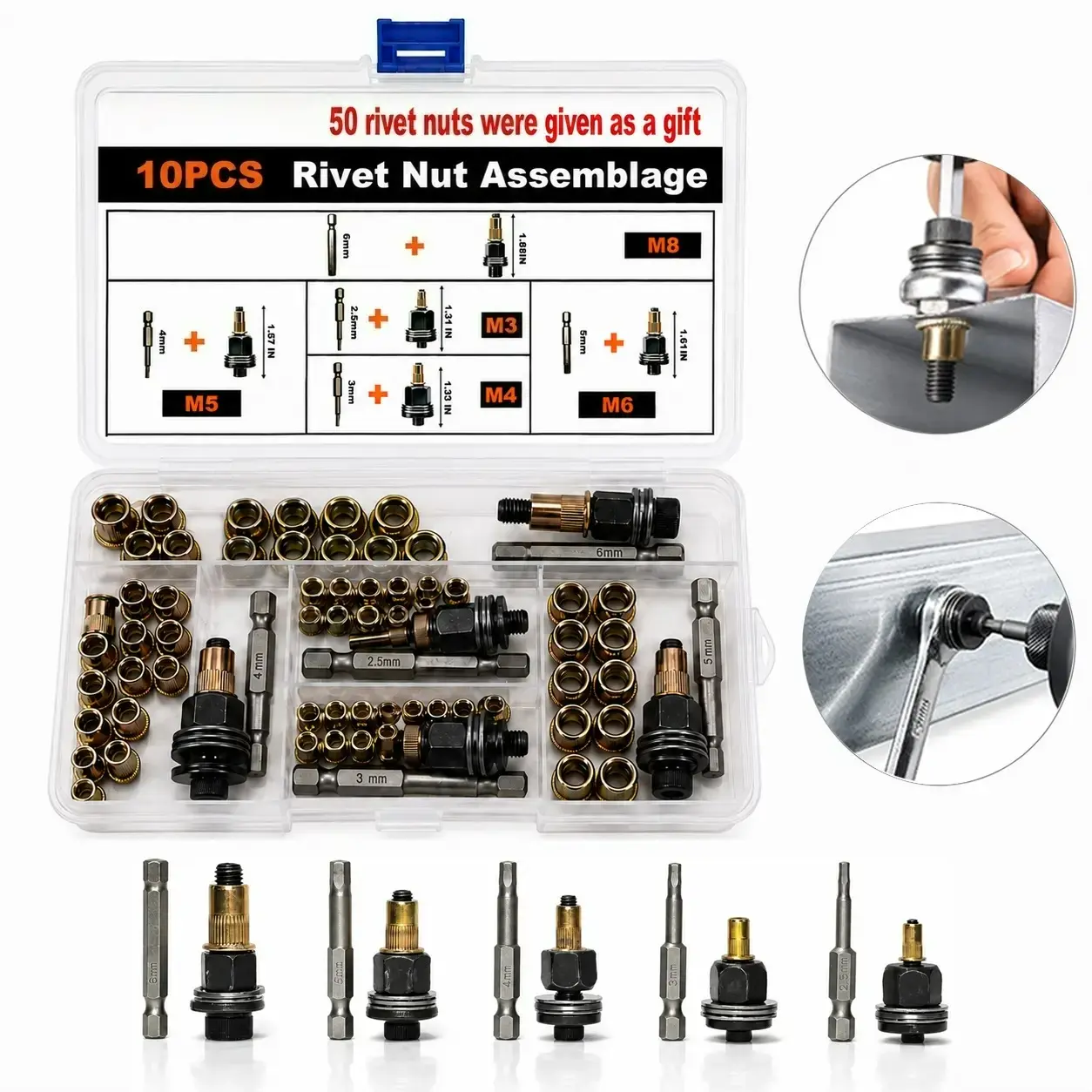 Head Rivet Nut Tool, M3 M4 M5 M6 M8 Rivnut Kit, Carbon Steel Rivnut Set, Threaded Rivet Nut Kit, Manual Riveter Rivnuts Tool Accessory for Automotive Repair Warehouses,fathersdaygift