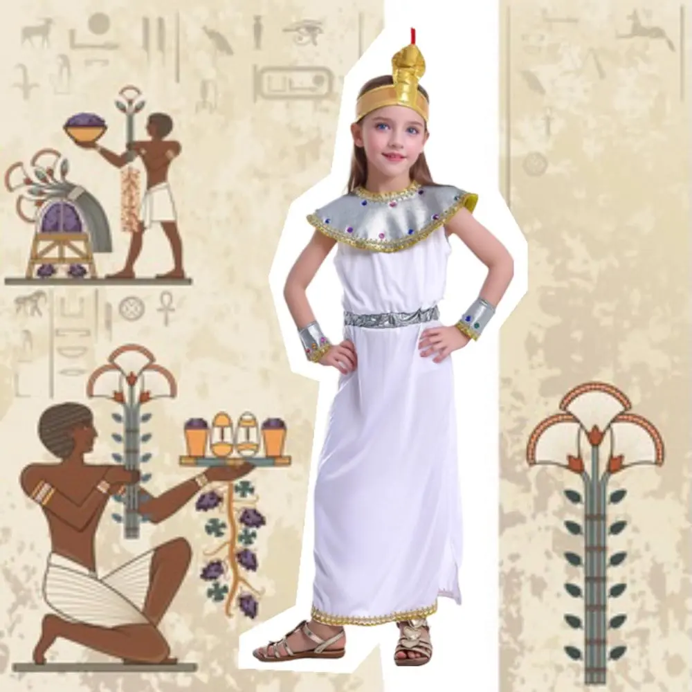 Girls Ancient Egyptian Nile Queen Princess Cleopatra Cosplay Halloween Party Costume White Dress