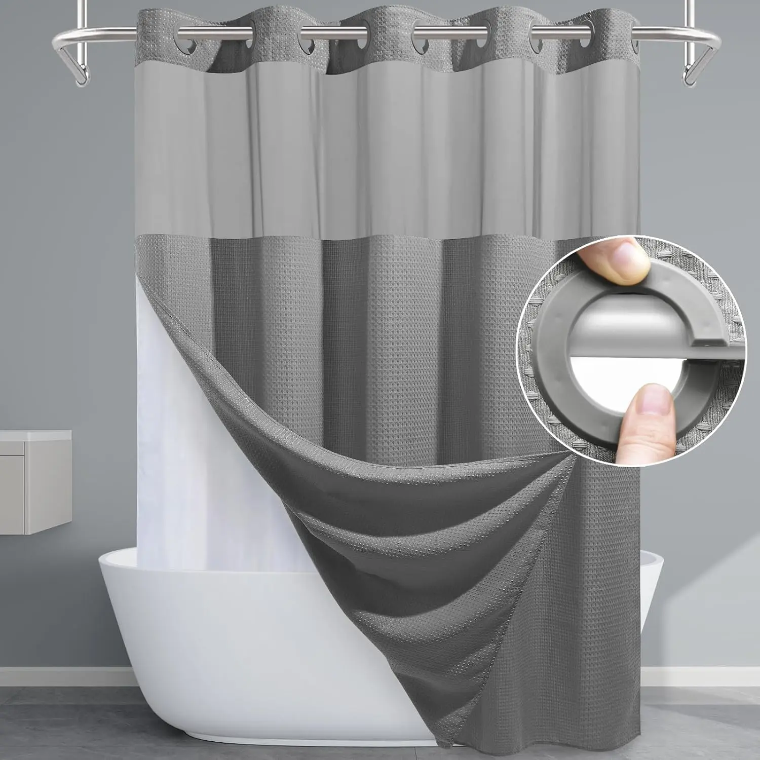 256GSM Heavyweight Waffle Weave Shower Curtain with Snap-in Liner, Extra Thick & Weighted Fabric Bath Curtain Set, 71W x 74H, Grey