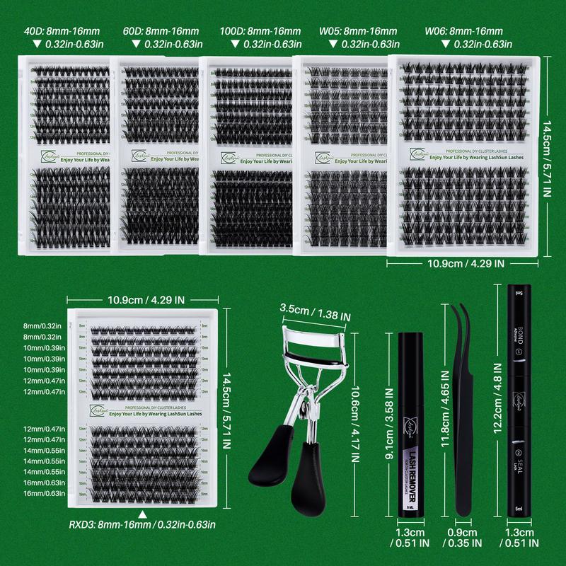 Wispy Individual Segmented False Eyelash with Lash Remover & Lashes Curler & Lash Glue & Tweezers Kit, DIY Eyelash Extensions, 1 Set Natural Curling Cluster Eyelash for Women Makeup