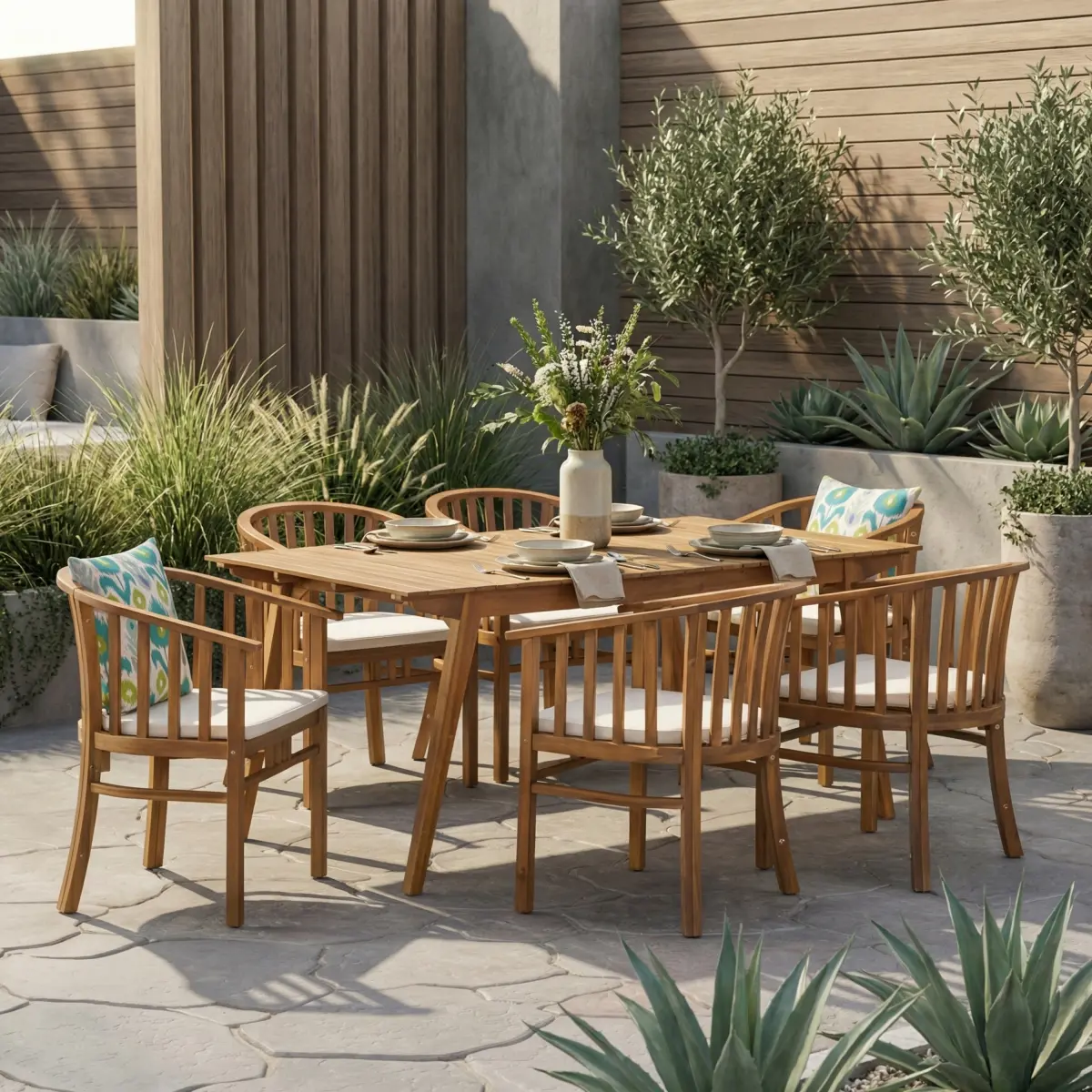 AobtkelChristopher Knight Home® Outdoor 6 Seater Acacia Wood Dining Set with Cushins,Finish and Cream    RR