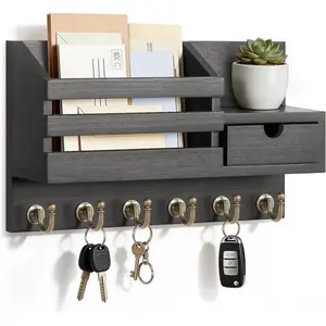 Key and Mail Holder for Wall, Mail Organizer Wall Mount with 6 Hooks and Storage Drawer, Easy Installation Key Rack for Entryway and Home Decor (A-Black)
