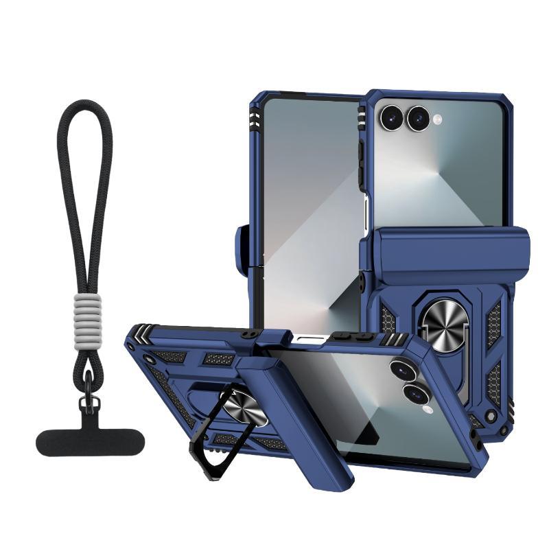 360 ° Rotating Metal Car Bracket Ring Solid Color Armor Lanyard Phone Case For Samsung Galaxy Z Flip 7 6 5 4 3 Protection Cover