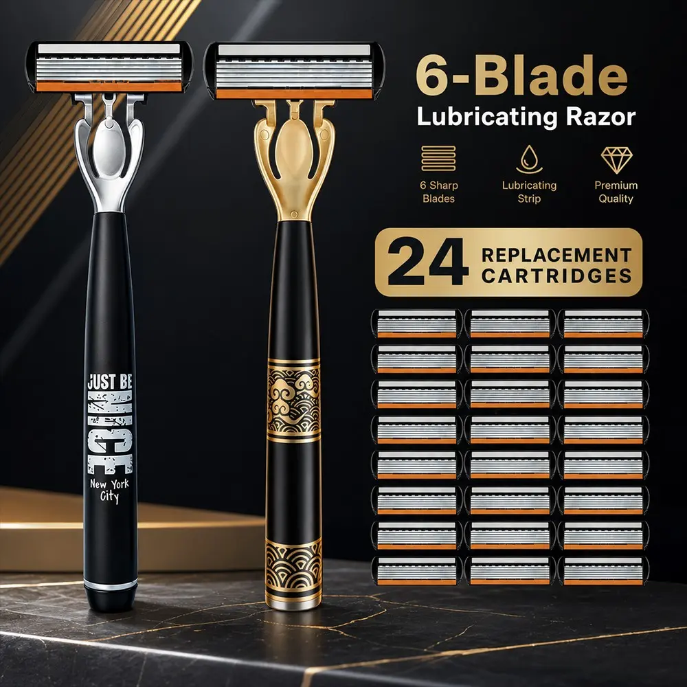 [Black Gold Luxury Edition] | Black Gold Engraving, New York Style Silver & Black Dual Color | 2 Handles, 24 Replacement Blades, Lubrication Strip | 6-Layer Blade Manual Shaving Razors Set | Perfect for Guys, Great for Gifts or Personal Use!