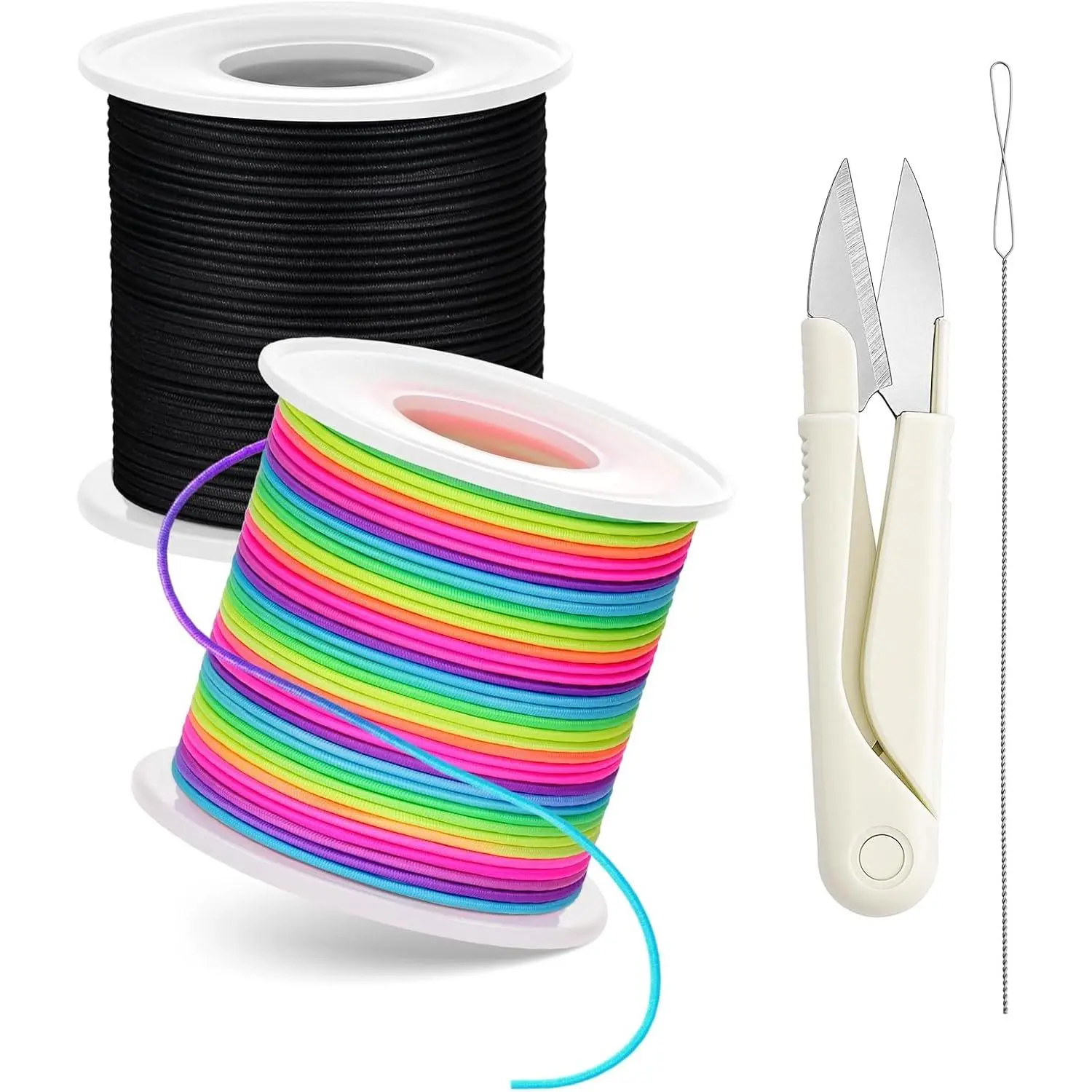Stretchy Bracelet String Kit with  & Beading , 2 Rolls Elastic String for DIY Crafts, 1mm Stretchy Cord for  Making Sewing Necklace Beading, 330FT, (Black, Rainbow)