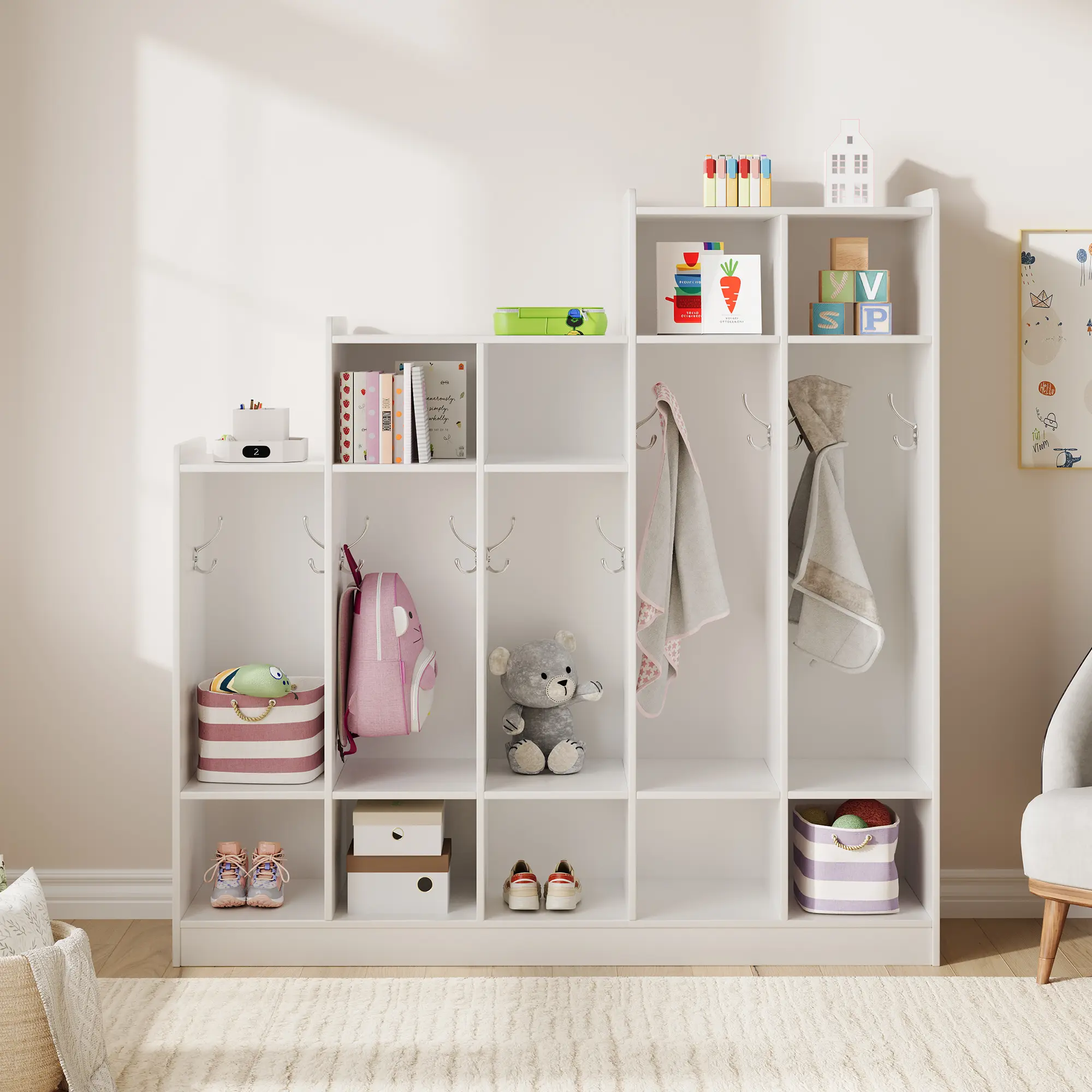 5-Section Classroom Coat Locker with 9 Cubbies & 10 Hooks, Daycare Storage Organizer for Kids, Nursery, Kindergarten, Home, Natural Wood