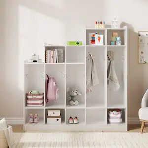 5-Section Classroom Coat Locker with 9 Cubbies & 10 Hooks, Daycare Storage Organizer for Kids, Nursery, Kindergarten, Home, Natural Wood