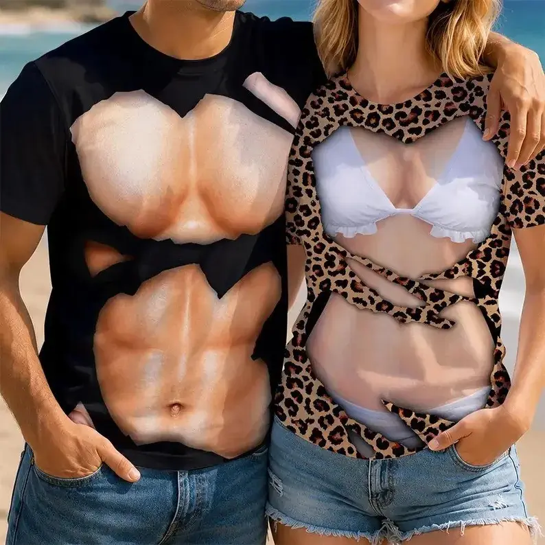 Funny Ripped 3D Illusion Fake Bikini Print T‑Shirt, Custom Skin Tone, Swimsuit & T‑Shirt Color, Humor Prank Short Sleeve Tee For Women,Casual Beach Party Outfit# TikTokMadeMeBuyIt# TikTokShop#FunnyTshirt#3DIllusionTee