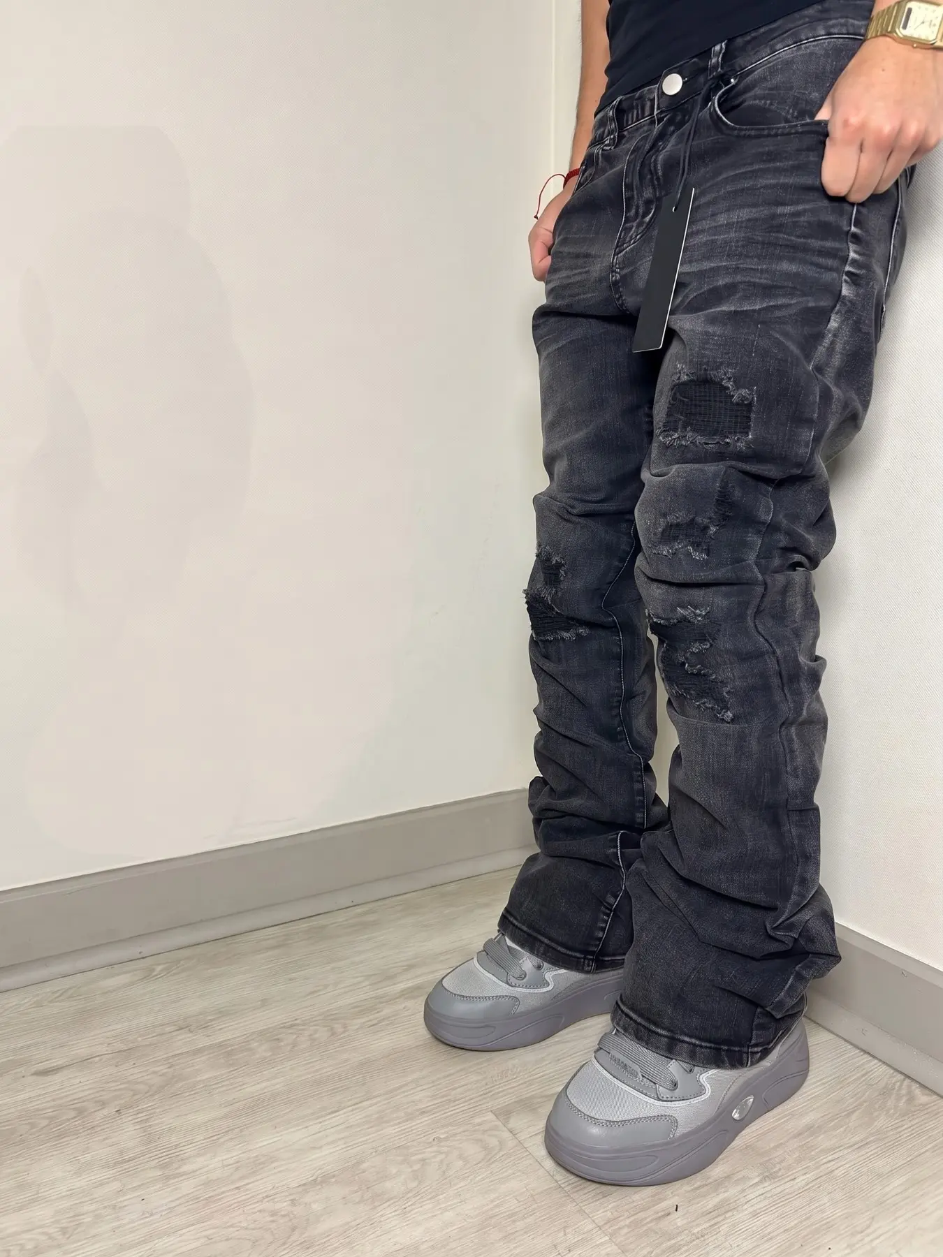 Men's Micro Flare Jeans, Loose-Fitting Button Fly Denim, Solid Color Y2K Style, All-Season Wear, Washed Fabric, Patchwork Design