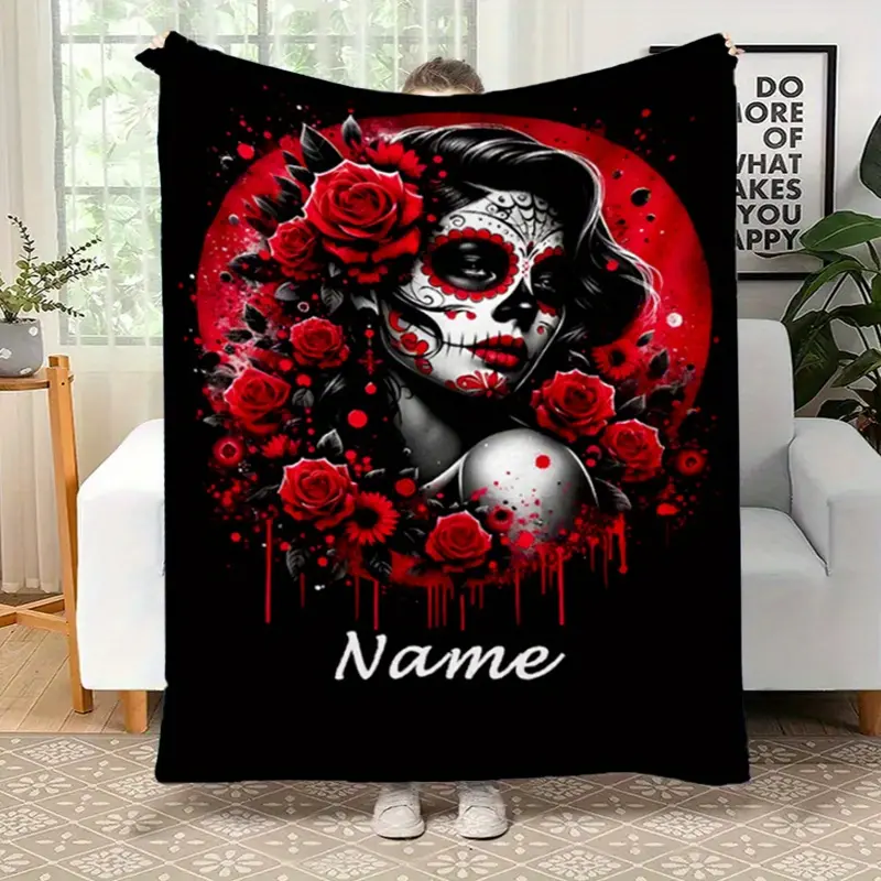 Custom 3D Skull and Rose Design Polyester Flannel Blanket, Modern Cartoon Style, All-Season, Personalized Name Printing, Soft and Warm Bed Blanket for Sofa, Picnics, Christmas, Birthday Gift