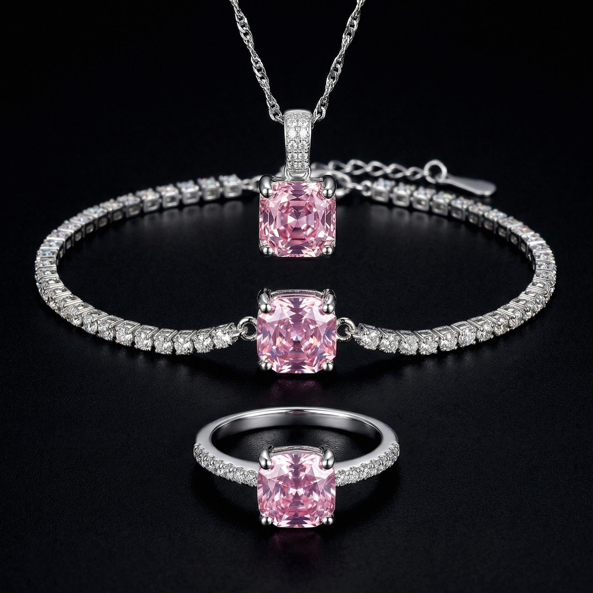VAELUME Luxury 18K White Gold Plated Octagon Rose-Cut Pink Diamond Jewelry Set - 3PC Necklace Bracelet Ring-5A VVS CZ, Perfect for Daily Wear, Anniversaries,Birthday Gift for Women and Girls