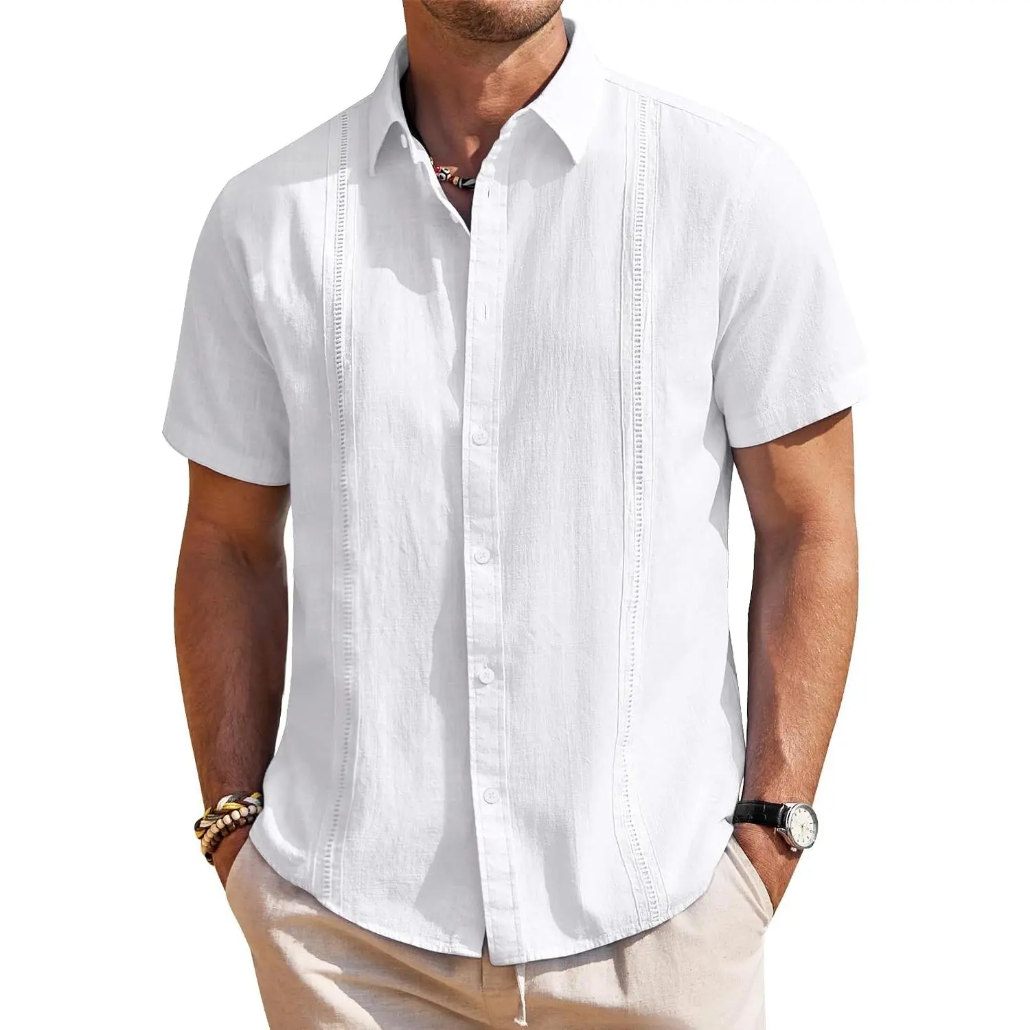 Men's 100% Cotton Linen Textured Cuban Guayabera Shirt, Short Sleeve Button Down, Lightweight Breathable, Casual Summer Beach Camp Collar, Relaxed Untucked Fit, Vacation CruiseGift
