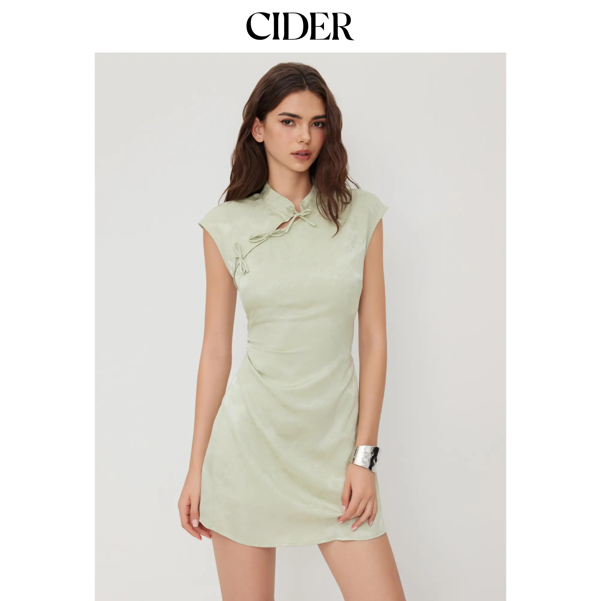 Cider Satin Mandarin Collar Floral Tie Front Ruched Mini Dress SohoChic