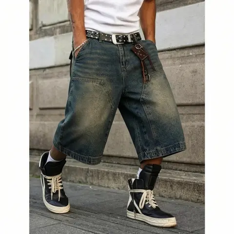 Men's Vintage Y2K Cotton Knee-Length Loose-Fitting Denim Shorts - Distressed Ripped Wide Leg Jorts, Casual Streetwear with Skate-Style Edge, Side & Back Pockets