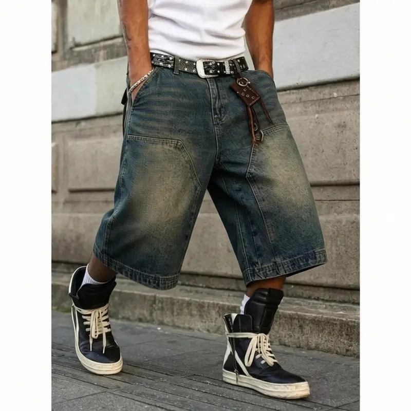 Men's Vintage Y2K Cotton Knee-Length Loose-Fitting Denim Shorts - Distressed Ripped Wide Leg Jorts, Casual Streetwear with Skate-Style Edge, Side & Back Pockets