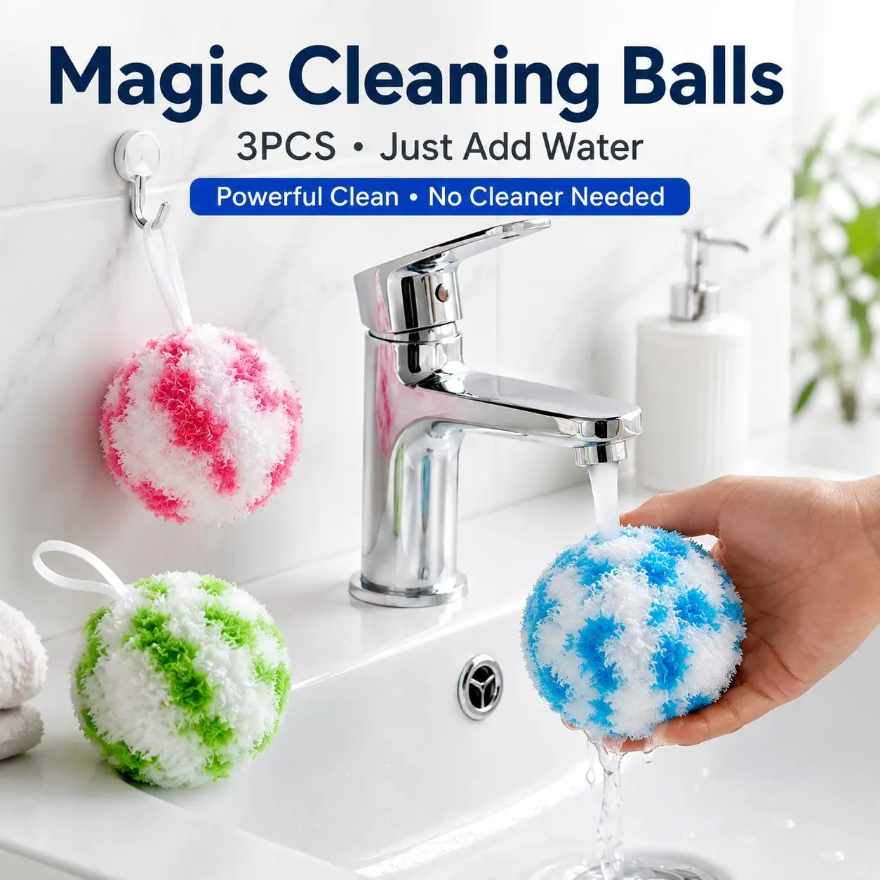 3PCS Reusable Bathroom Cleaning Balls with Wall-Mounted Holder, Multipurpose Non-Scratch Scrubber Set for Sink, Bathtub, Vanity, Wash Basin, Faucet & Household Surfaces