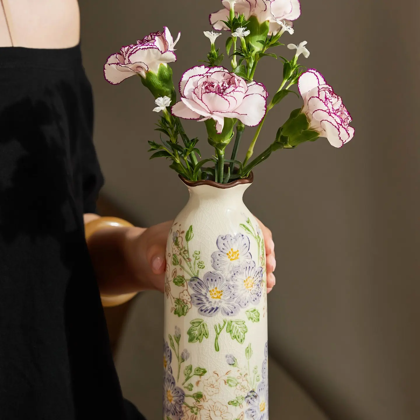 Vintage Cracked Ceramic Vase, Handmade Farmhouse Style, Suitable for Fresh and Dried Flowers, Bohemian Living Room Decor, Decorative Vase, Ceramic Crackled Vase