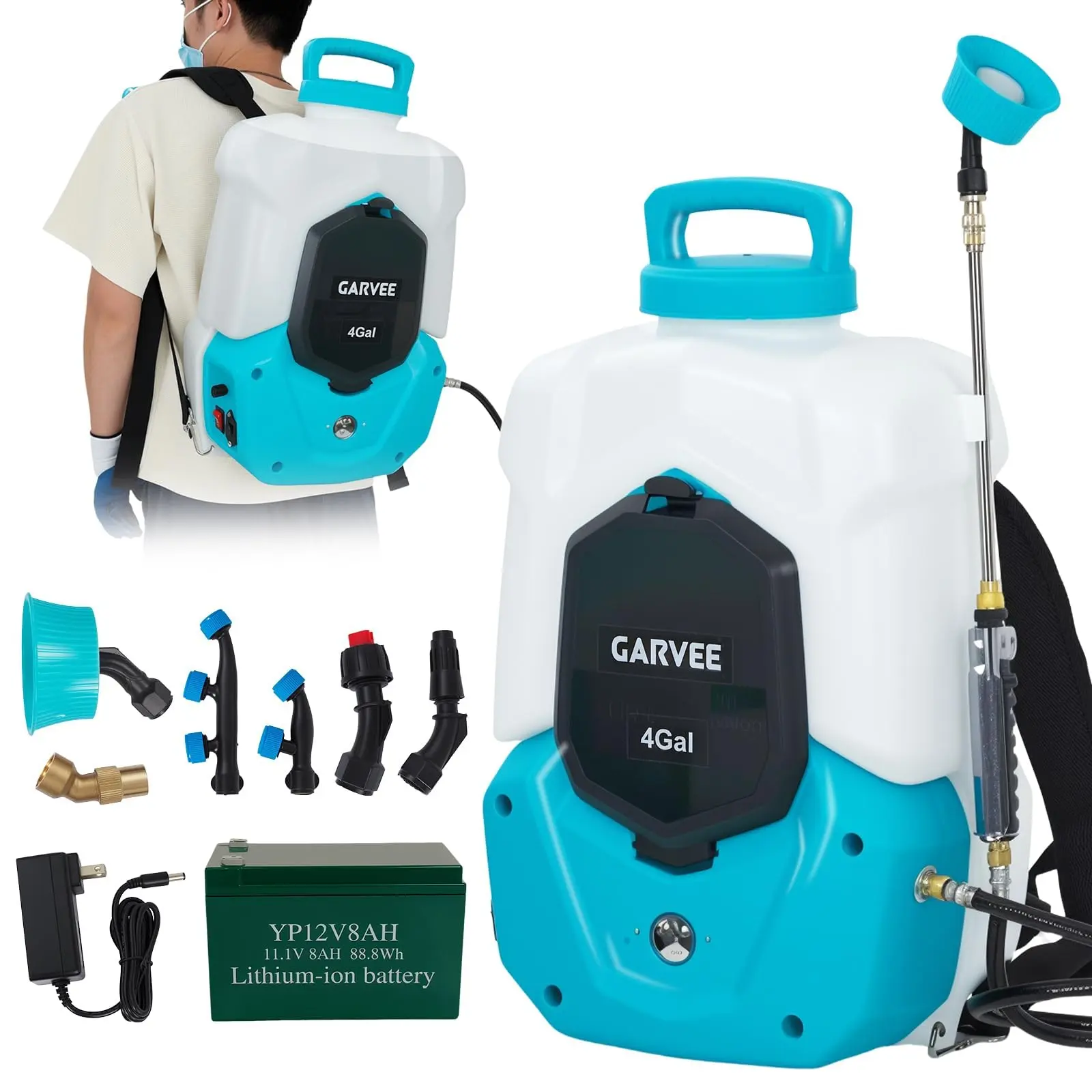 GARVEE Powerful 4 Gallon Electric Backpack Sprayer - 12V 8Ah Battery, Adjustable 0-90 PSI, 6 Nozzles & 2 Wands, 4-6 Hour Runtime, Lockable Trigger, Wide Mouth - Ideal for Lawn & Garden