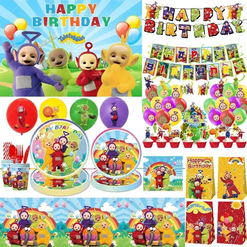 Teletubbies Balloons Birthday Party Decoration Supplies Banner Cake Topper Disposable Tablecloth Stickers Gift Bag Background